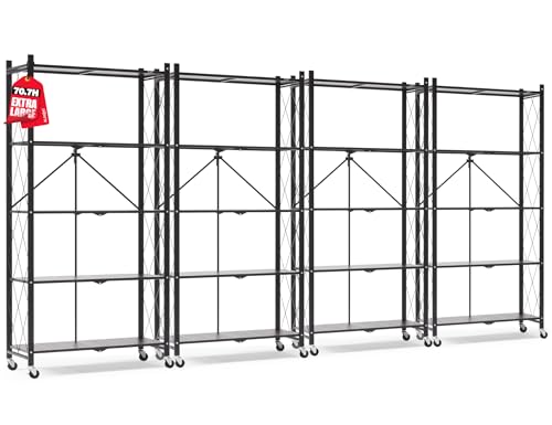 Image of ALANNG 70.7 inch H Metal Storage Shelves, 5 Tier Folding Shelf on Wheels | Heavy Duty, No Assembly, Rolling, Collapsible Rack Unit for Kitchen, Basement, Pantry (Black,4 Pack)
