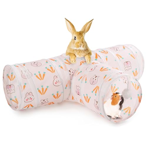 HERCOCCI Rabbit Toys, Bunny Tunnels & Tubes, Collapsible 3 Way Rabbit Hideout Tunnel with Chew Toys for Bunny Guinea Pig Ferret Kitten
