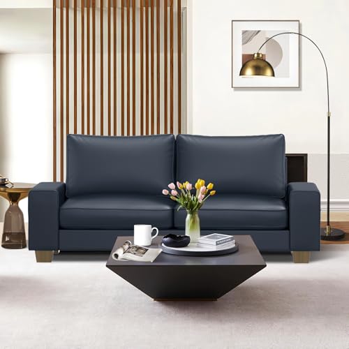 Image of Valthie Faux Leather Couch, Mid Century Modern Comfy Loveseat Sofa with Wide Arm, Side Pockets, Solid Wooden Frame for Office, Living Room and Bedroom, 3 Seater (Blue, 88.58 inches)