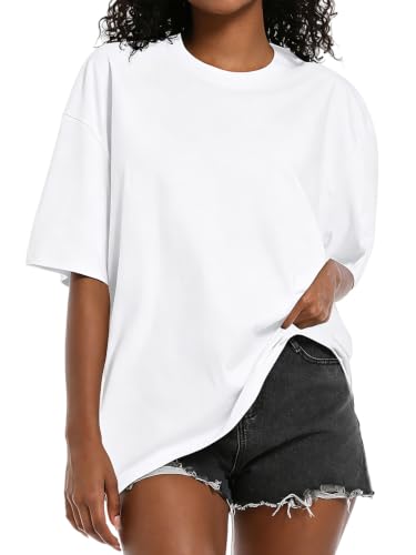 Womens Oversized Cotton T Shirts Crewneck Short Sleeve Tops Heavyweight Casual Loose Fit Drop Shoulder Fashion Tees White