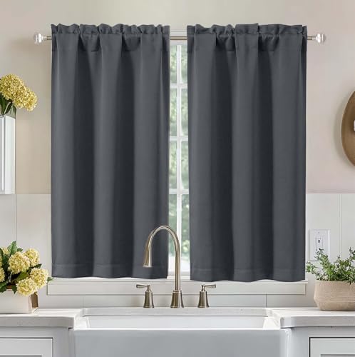 Image of Aiyufeng Grey Short Blackout Curtains for Bedroom 45 Inches Long 2 Panels Set, Solid Thermal Insulated, Energy Saving Window Treatment Curtains Blackout Drapes, W40 x L45 Inch, Grey