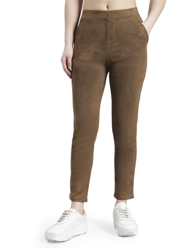 Image of GO COLORS Women Solid Mid Rise Suede Treggings