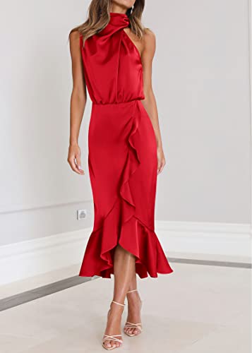 Image of KIRUNDO Women's Summer Satin Mock Neck Wedding Guest Dress