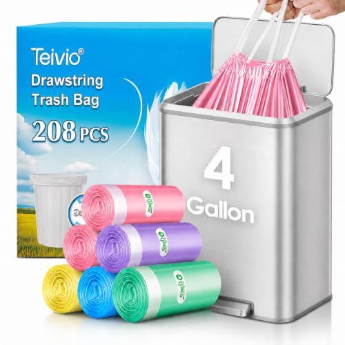 Image of 4 Gallon 208 Counts Strong Drawstring Trash Bags Garbage Bags by Teivio, Bathroom Trash Can Bin Liners, Small Plastic Bags for Home Office Kitchen Bathroom Bedroom, Multicolor