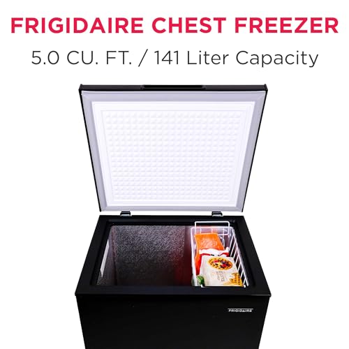 FRIGIDAIRE EFRF5003-BLACK Chest Deep Freezer-Garage-Ready, 5.0 Cu. Ft. Capacity, Black-Adjustable Thermostat-Removable Vinyl Coated Wire Basket-Easy Defrost Drain on Fridge.com