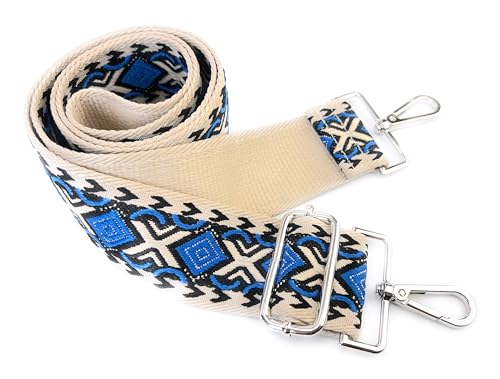 Image of Ivory Blue Boho Diamond Purse Strap with Silver Hardware 2 Inch Wide Replacement Crossbody Guitar Style Shoulder Strap for Handbags Totes