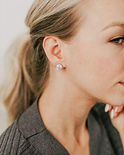 SWEETV Cubic Zirconia Stud Earrings, 8mm Round Cut, Rhinestone Hypoallergenic Earrings for Women & Girls2