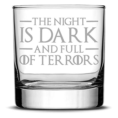 Integrity Bottles, GOT, The Night Is Dark And Full Of Terrors, Premium Whiskey Rocks Glass, Handmade, Handblown, Hand Etched Gifts, Sand Carved, 16oz Cover