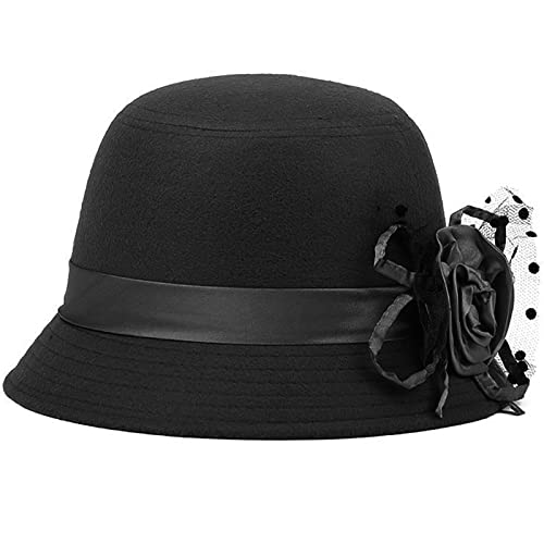 WULIQIUQIU Womens Vintage Felt Cloche Hat Winter Floral Fedora Bucket Hat Bowler Hats Black