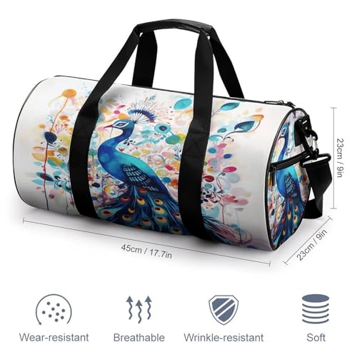 Cylindrical Gym Bag,Color Peacock Sports Gym Bag,Workout Bags,travel Weekender Bag,Duffle Travel Bag for Men Women2