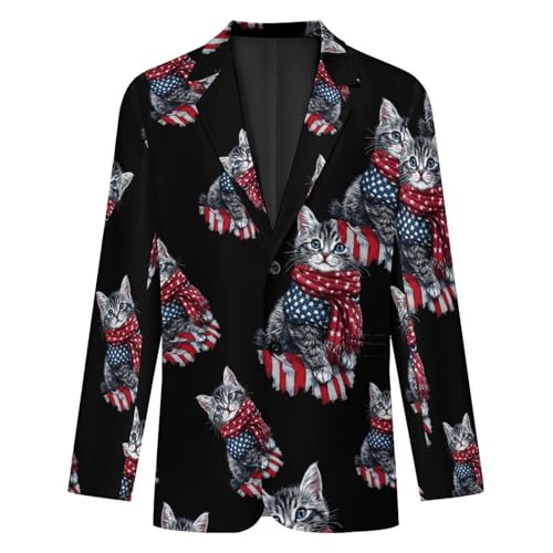 4th of July Cat U.S. Flag Casual Men's Blazers Two Button Lapel Suits Jacket Lightweight Sport Coats4
