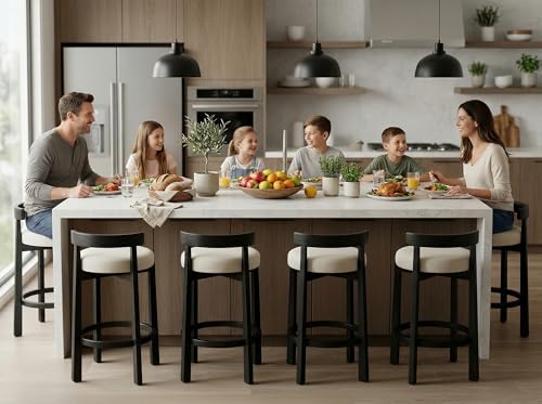 Image of LukeAlon Mid Century Linen Counter Stools Set of 6, Upholstered 26.5 inch Seat Height Low Barstools with Black Wood Legs Round Low Back Kitchen Stools with Footrest for Dining Room Restaurant, Beige