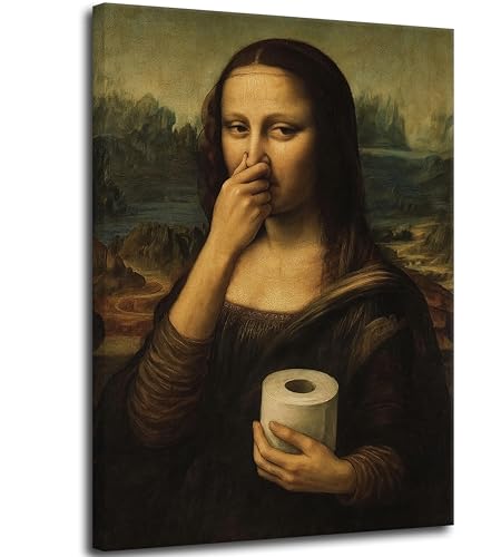 Funny Mona Lisa Bathroom Wall art, Mona Lisa Pinching Nose Holding Toilet Paper Wall Decor, Vintage Humor Toilet Poster Print,Celebrity Classical Painting Prints for Washroom Toilet Dorm 8X10in Framed