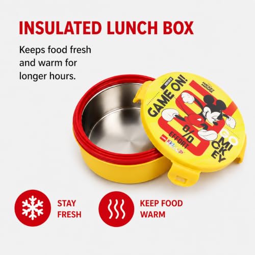 Image of CELLO Kidzbee Star Gift Set Combo for School Kids, Yellow | 3D Touch & Feel Mickey Design Airtight Clip Lock Insulated Lunch Box 390ml with Leak Proof Flip Top Sipper Water Bottle for Kids Boys Girls