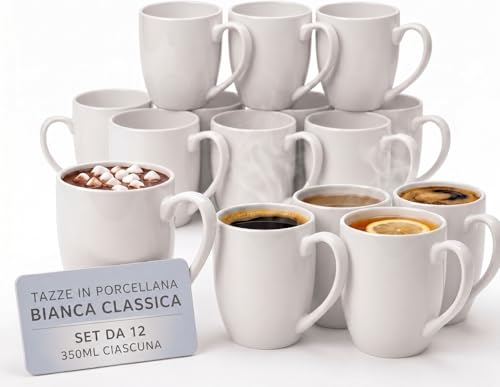 CUQOO Lot de 12 tasses à café blanches | Tasses à thé en porcelaine et céramique de 350 ml avec poignée | Passe au lave-vaisselle et au micro-ondes |...