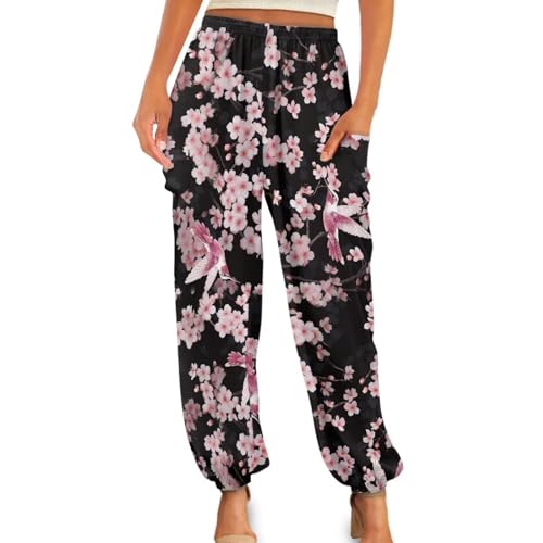 ZOUTAIRONG Cherry Hummingbird Womens Harem Pants Super Soft Yoga Pilates Pants Long Baggy Sports Women's Bloomer Yoga Pants for Beach & Lounge Dance Costume Pants Loose Comfy Clothing Pj L