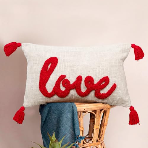 Image of HOMADORN 100% Cotton Text Pattern Handtufted /Embroided Decorative Cushion Cover (12X20 Inches) (1, Love RED)
