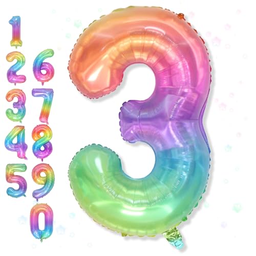 3rd Birthday Balloons for Boys, 40 Inch Foil Self Inflating Rainbow Number 3 Balloon, Large Mylar Colorful Multicolor 3 Balloon Number for Kids 3 Yeal Old Birthday Party Decor Anniversary Decorations