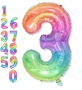 3rd Birthday Balloons for Boys, 40 Inch Foil Self Inflating Rainbow Number 3 Balloon, Large Mylar...