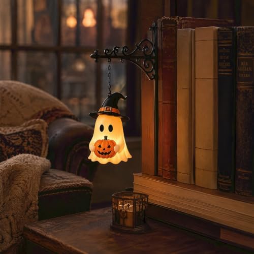 Library Lantern-Decorative Bookshelf Lighting, Mini Bookshelf Lamp Slides Between Books, Warm Amber LED Nook Light & Bookshelf Lantern for Book Nook, Shelf Decor Gift for Book Lovers(Halloween Ghost) - 1