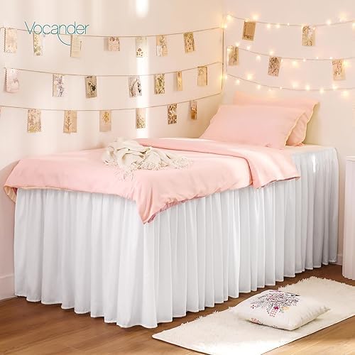 Vocander Dorm Bed Skirt Twin XL 32 Inch Drop Extra Long Bedskirt Easy to Put On Elastic Wrap Around Dust Ruffle Microfiber Fabric Machine Washable White, Bed Decor