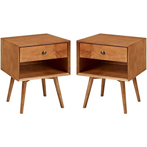 Walker Edison Ella Mid-Century Nachttisch-Set, 2-teilig, 1 Schublade, Massivholz, Kiefer Holzwerkstoff, Caramel, 2 Pack Cover
