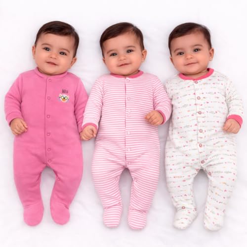 Image of VParents Rompers for New Born Baby Girl & Boy (Pack of 3), 100% Cotton Full Sleeve Romper /Bodysuit /Jumpsuit /Onesies /Sleepsuit for Infants & Toddlers, Comfortable Clothes for Babies
