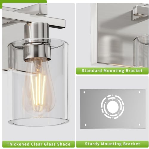 Image of 3-Light 21inch Brushed Nickel Vanity Light, Thickened Clear Glass | Over Mirror for Bathroom, Rust Resistant, E26 Base, Easy Install, Removable Glass Shade Horizontal Mount, Dimmable