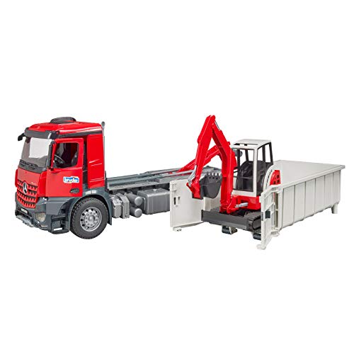 Bruder Mercedes Benz Arocs Truck with Roll-Off Container and Schaeff HR16 Mini Excavator