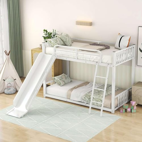Smake mart Metal Bunk Bed Frame for Kids | Twin Over Twin Metal Bunk Bed with Slide for Bedroom Living Room Home (White)