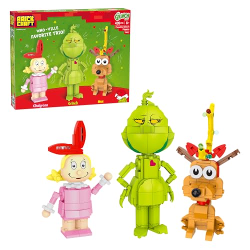 Image of Brickcraft The Grinch Who-Ville Trio Building Set (439 Pieces), 3 Posable Figures – Grinch, Cindy-Lou & Max the Dog, Dr. Seuss Christmas Collectible, Xmas Gift for Adults & Fans