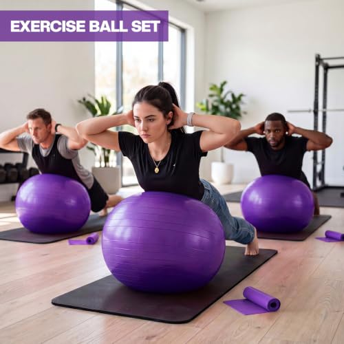 Image of Sotiff Pilates Kit 23-26 Inch Pilates Yoga Ball Exercise Balls and Resistance Band Set for Workout Pregnancy Stability 15-25lbs Anti-Burst with Foot Pump for Office, Home and Gym