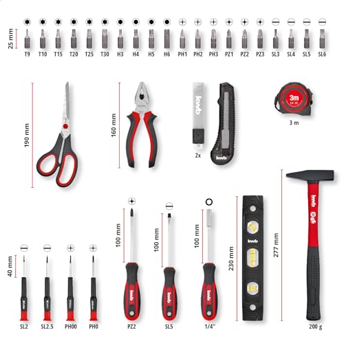 kwb kwb Werkzeugkoffer, 35-tlg., Werkzeug-Set, Werkzeugkasten (Basisausstattung für den Haushalt mit Schraubendrehern, Bits, Kombizange, Maßband, Hammer, Schere, Wasserwaage, Abbrechklingenmesser, usw.) - Funktionsansicht 11 | Werkzeugkoffer