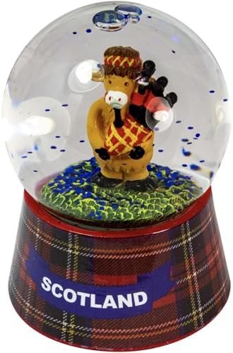 I LUV LTD Scottish Waterball Snow Globe with Highland Cow On Large Tartan Base Design, Resin Figurine and Moulded Base