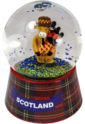I LUV LTD Scottish Waterball Snow Globe with Highland Cow On Large Tartan Base Design, Resin Figurine and Moulded Base