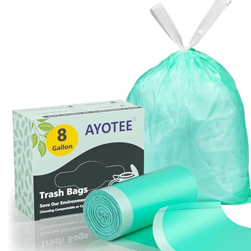 AYOTEE Compostable Trash Bags 8 Gallon Trash Bags Drawstring Unscented 50 Count Drawstring Thick Tear Free Medium Garbage Bags 8 Gallon 30L TrashBags Wastebasket Liners for Kitchen Home Office Use