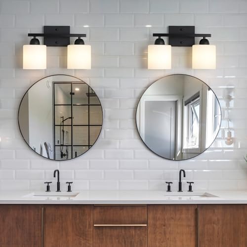 Image of Mecgirn Milk Glass Vanity Lights for Bathroom, 2 Light Matte Black Bathroom Light Fixtures Over Mirror, Ceramic E26 Sockets Wall Mounted