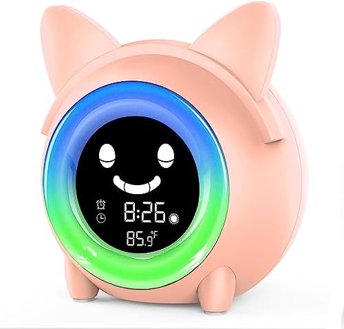Kids Alarm Clock, Digital Alarm Clocks for Kids Toddlers Sleep Training Clock with Night Light Sound Machine Nap Timer Temperature Detect, Wake Up Clock for Boys Girls Desk Bedside
