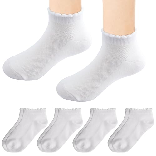 Girls White Ruffle Socks School Uniform Kids Cotton Crew Ankle Cute Frilly Dress Socks 8 Pairs for Everyday Wear