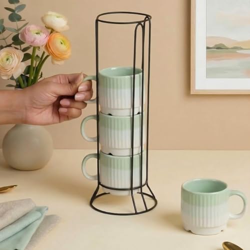 Image of The Earth Store Green Fringe Premium Ceramic Tea Cup Set of 4, 200 ML | Microwave and Dishwasher Safe Space Saver Tea Cup with Stand | Coffee Cups for Gifting, Home & Office Use, Every Occasion