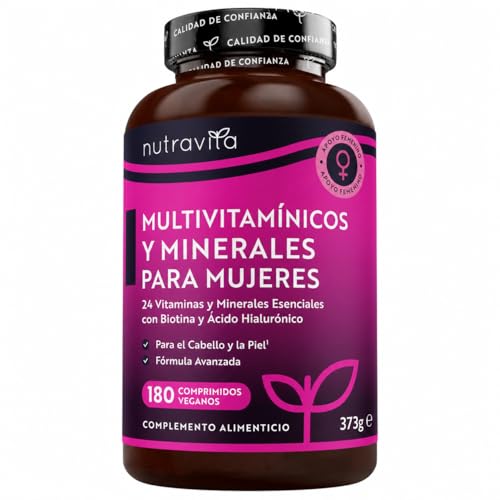Nutravita Multivitaminas Mujer - 180 Tabletas Veganas - Complejo Multivitaminas y Mineral para Mujeres - 24 Vitaminas y Minerales Activos Esenciales - Vitaminas C, D3, Biotina & Ácido Hialurónico