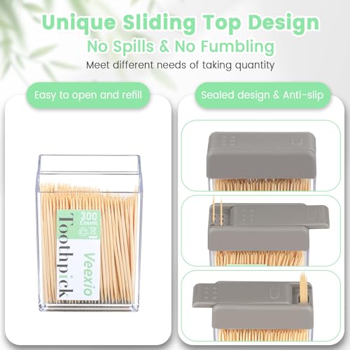 Veexio Sturdy Toothpick Holder with 1300 Natural Bamboo Toothpicks for Teeth Cleaning, Kitchen, Travel & Outdoor-Includes 4 Refillable Dispensers & 2 Pocket Containers