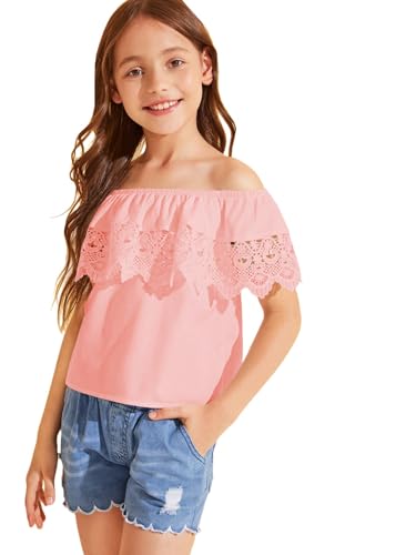Image of WDIRARA Girl's Folklorico Shirt Off Shoulder Ruffle Trim Lace Blouse Tops | Short Sleeve, Mexican Blouse, Dressy Peasant Tee, Casual