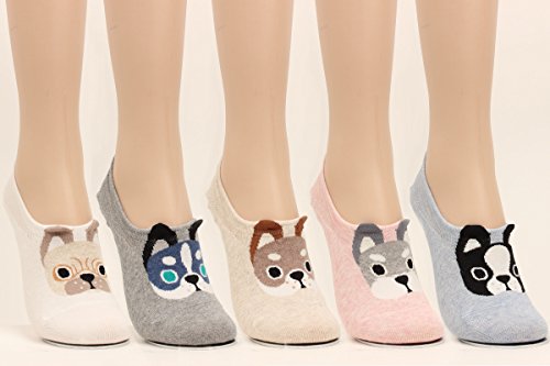 Wowfoot Women Animal Design No-Show Casual Liner Socks Character Print Non Slip Flat Boat 4 Pair, One Size Fit, 5Pair-Puppy Ii #TOP1