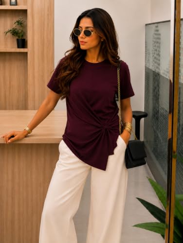 Image of Zilcon Women's Plum Twist-Knot Asymmetrical Trendy T-Shirt for Women & Girls