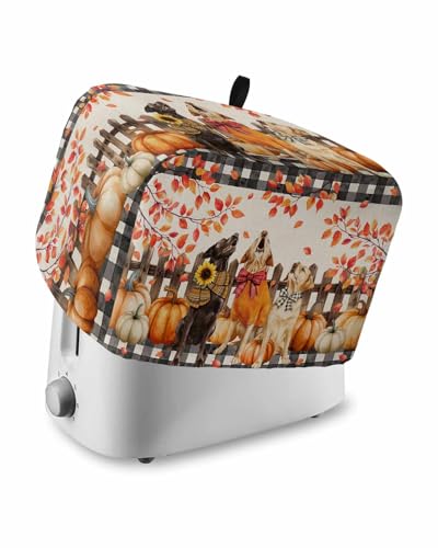 Fall Toaster Cover 2 Slice, Animal Dogs Pumpkin Leaves Linen Texture Bread Maker Dust Cover with Pockets for Kitchen Small Appliance 12x7.5x8in