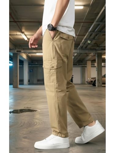 Image of Men's Cargo Trousers-100% Premium Cotton Regular Fit Lightweight Breathable Elastic Waist Multi-Pocket Casual Utility Pants