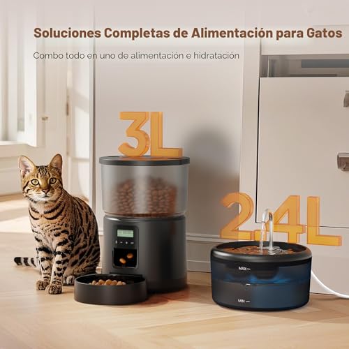 Miniatura 3 de Comedero Gato Automatico Y Fuente Para Gatos: Dispensador Comida Gatos Con Programable Temporizador 6 Comida Al Día - 3l Alimentador Perro Y 2.4l Bebedero Para Pequeño Mediano Mascota - 10s Grabación