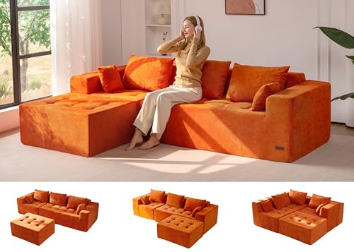 MAXYOYO Modular Sectional Sofa Couch, L Shaped Modern Cloud Couch with 1 Ottoman, Sofa in A Box, Tufted 4-Seat Boneless Sleeper Chair for Living Room, No Assembly Required, Orange