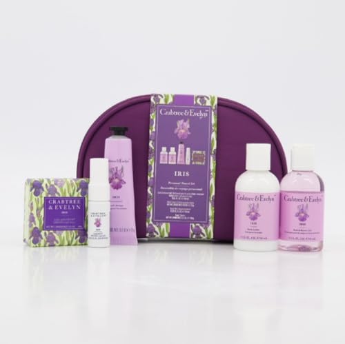 Image of Crabtree & Evelyn Iris Travel Set, 5-Pack Personal Care Collection with Bath Gel, Body Lotion, Hand Cream, Body Mist, Soap and Cosmetic Bag